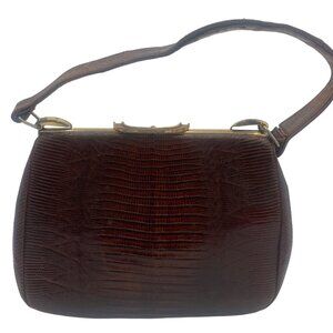 Vintage Brown Lizard Leather Purse Gold Accents German Made Elegant Handbag 1950